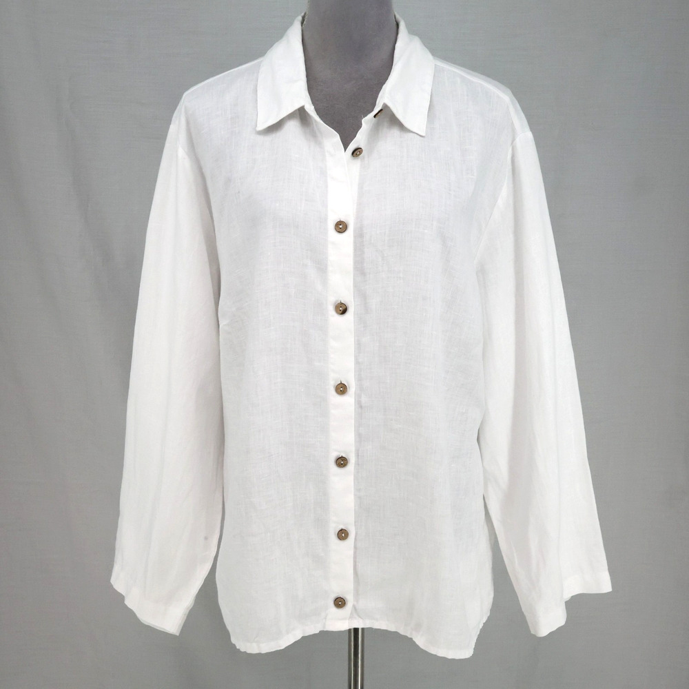 Soft Surroundings Top Plus Size 1X White Linen Blouse Button Up Shirt Oversized